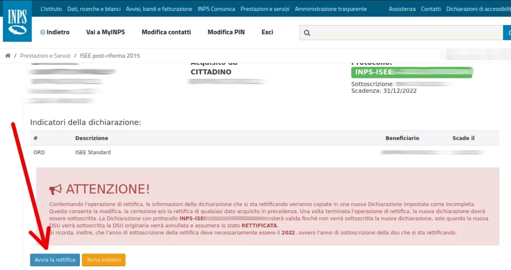 Avvia la rettifica per modificare l'isee