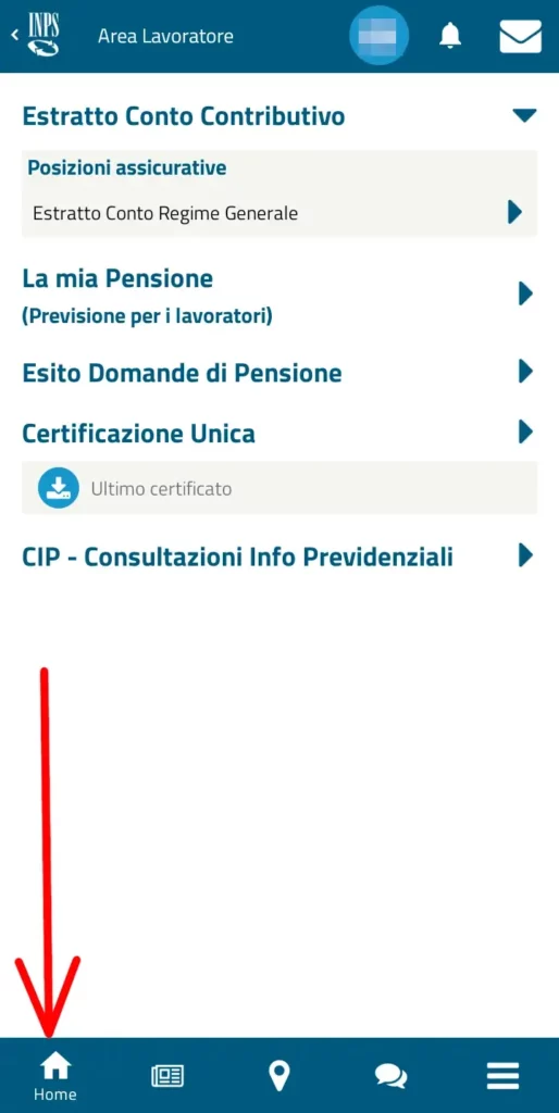 Il simbolo della casa serve ad andare alla pagina principale Inps Mobile