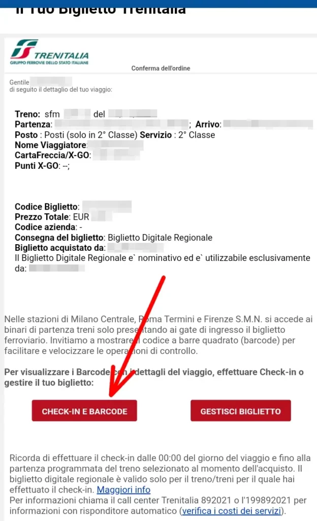 Vai sulla mail di conferma di Trenitalia e clicca su Check in e barcode.