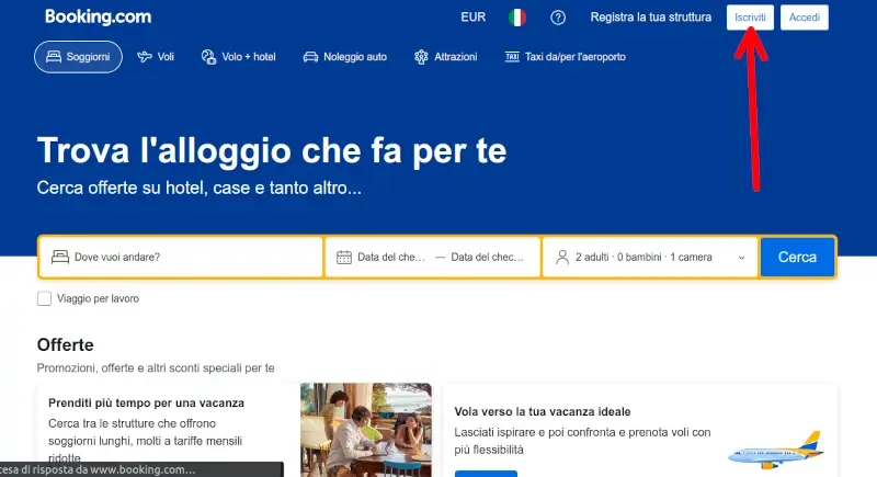 per iscriverti a booking.com vai sul sito e clicca iscriviti