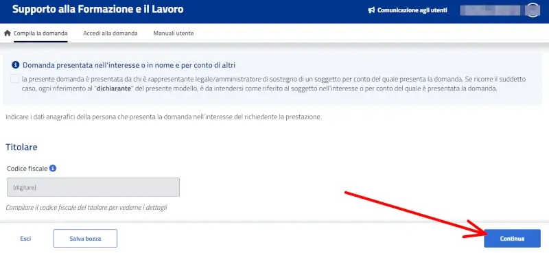 Inserire eventuale titolare o delegato per domanda per il supporto al lavoro