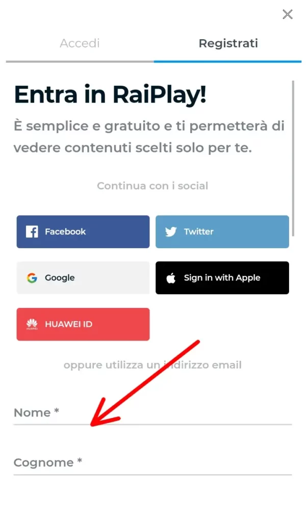 Inserisci le credenziali per registrarsi