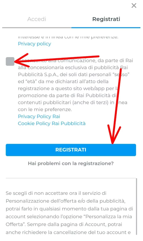 Accetta i termini e clicca su registrati