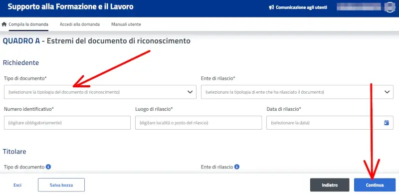 Inserire i dati del documento di riconoscimento