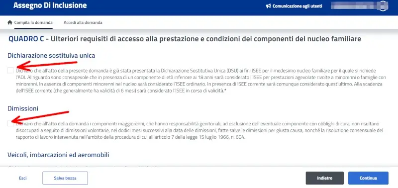 Dichiara di avere un isee e dsu in corso di validità e che non hai dato dimissioni volontarie