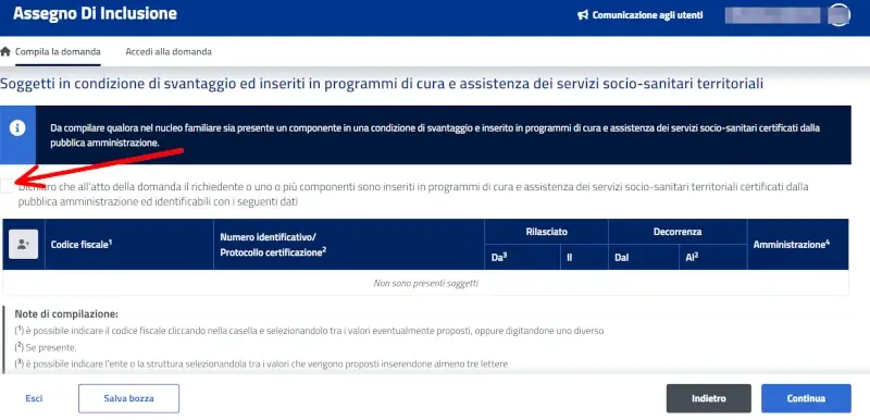 Dichiara se un soggetto e inserito in programmi socio-sanitari di cura