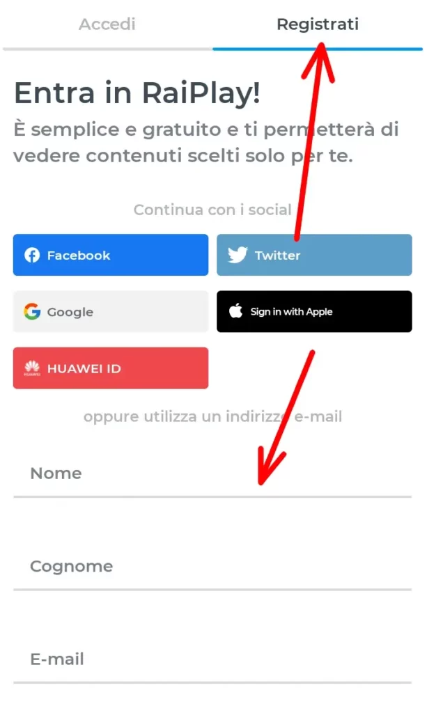 Inserisci le credenziali e i dati richiesti per registrarti.