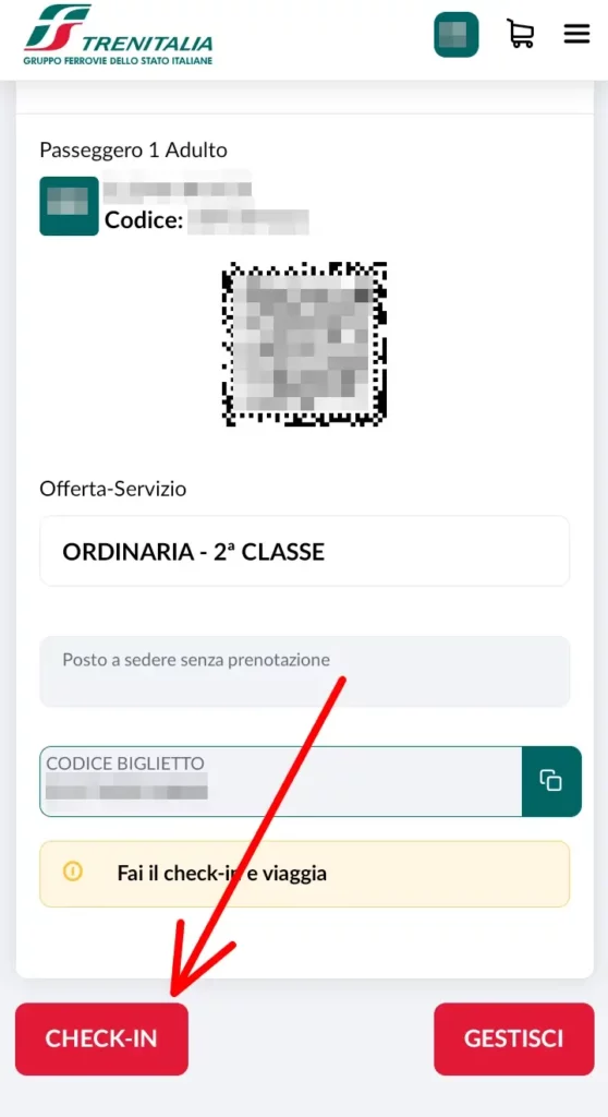 Dalla pagina trenitalia, clicca su Check-in