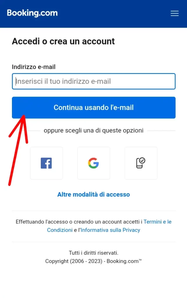 Registrati a booking utilizzando l'email o un account dei servizi elencati