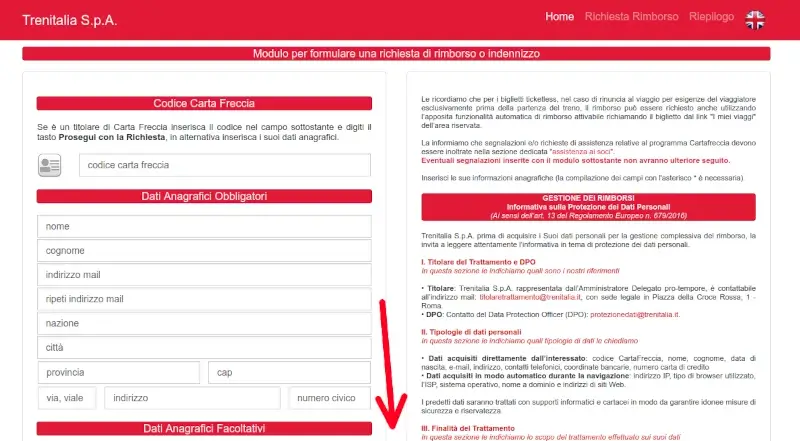 Procedura richiesta rimborso, form online