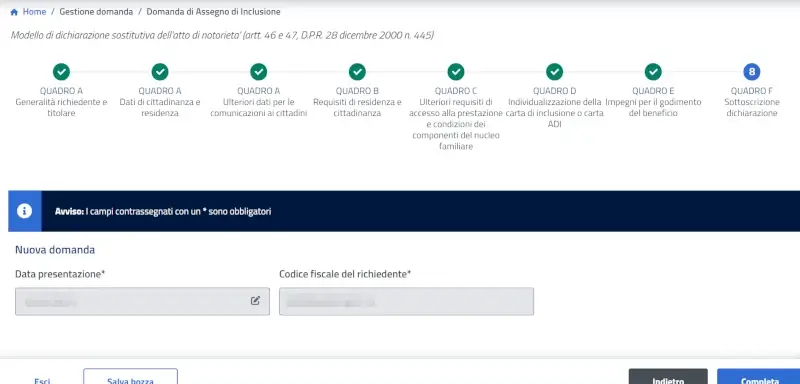 Sottoscrizione dichiarazione domanda adi - assegno di inclusione