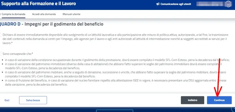 Impegni del richiedente per il godimento del beneficio supporto alla formazione e lavoro