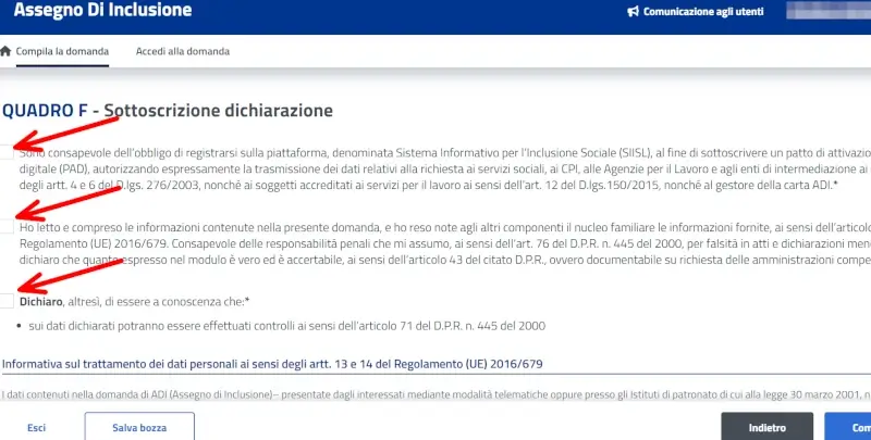 Seleziona consapevole dell'obbligo a registrarsi e SIISL e SFL e di aver letto le clausole