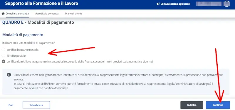 Inserisci il metodo di pagamento a cui ricevere l'indennizzo di partecipazione