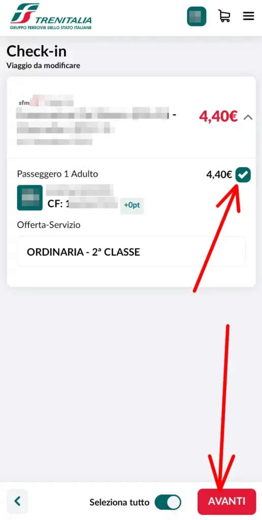 Seleziona il biglietto e clicca su avanti