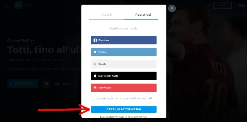 Crea un account rai tramite mail o con i servizi indicati