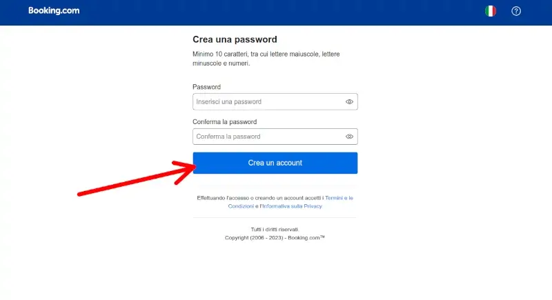 Inserisci la password per completare la registrazione a booking.com
