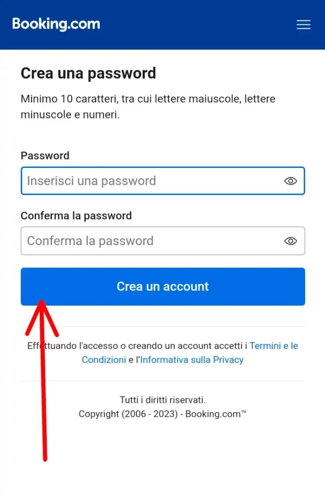 Inserisci la password per creare un account sul sito