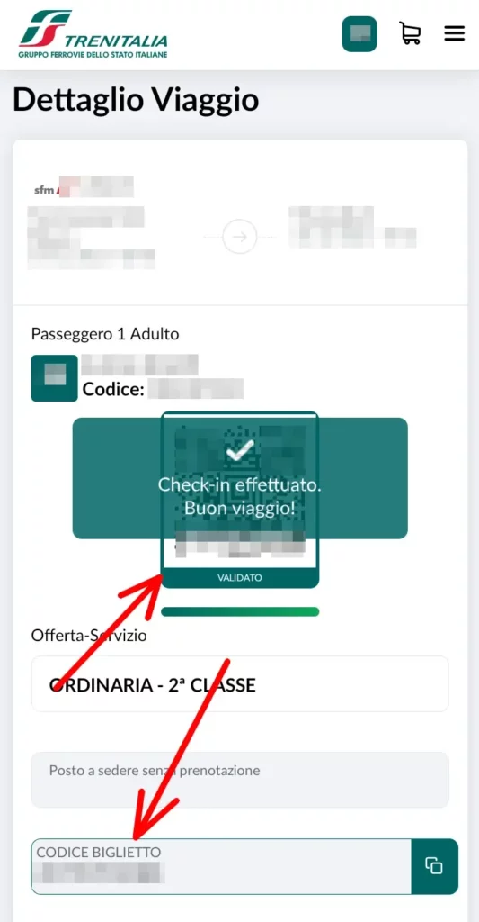 Ricevi messaggio di conferma per Check-in effettuato online.