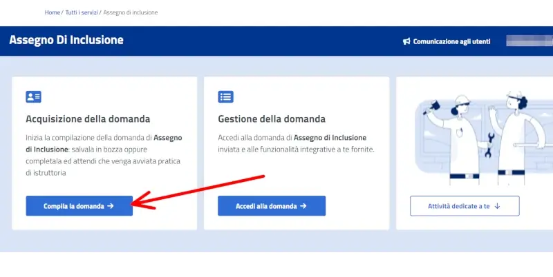 Clicca su compila domanda per l'assegno di inclusione