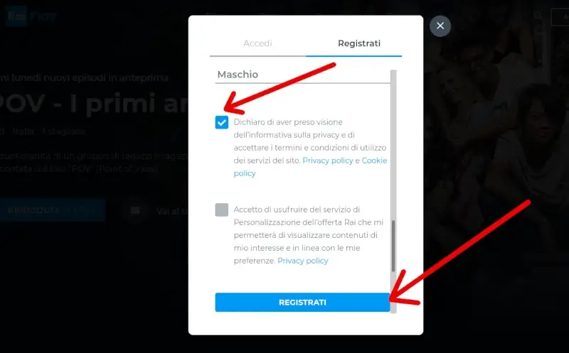 Accetta i termini per registrarti a raiplay