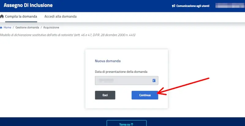 Inserisci la data di presentazione della domanda
