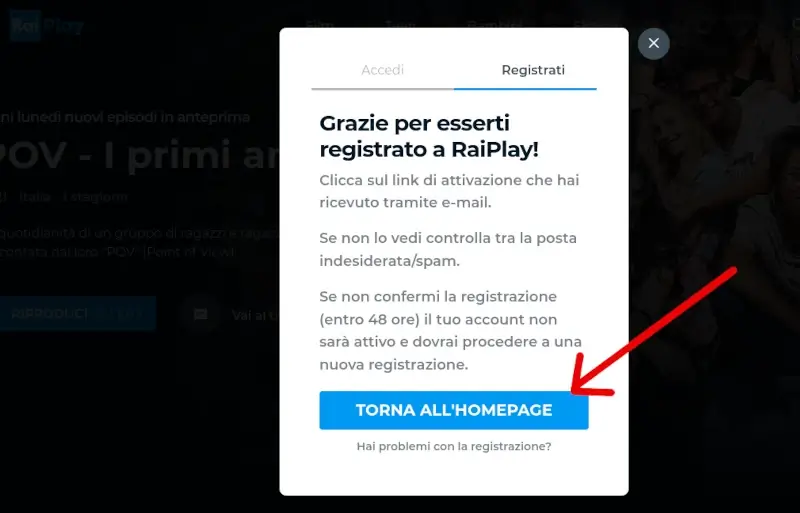 Ricevi una mail con un link da cliccare per registrarsi