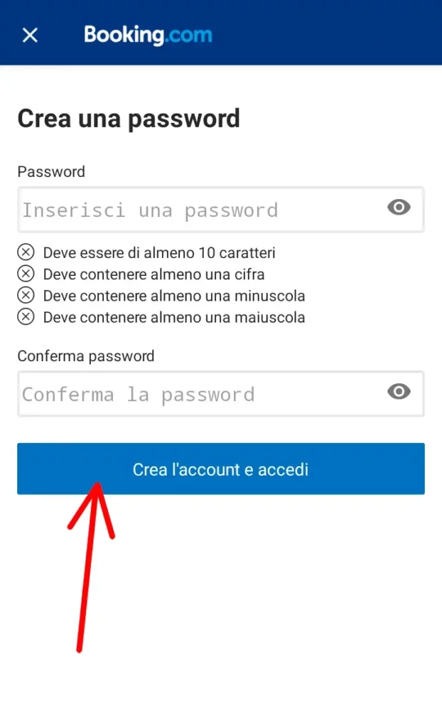 Inserisci la tua password per terminare l'iscrizione a booking.com
