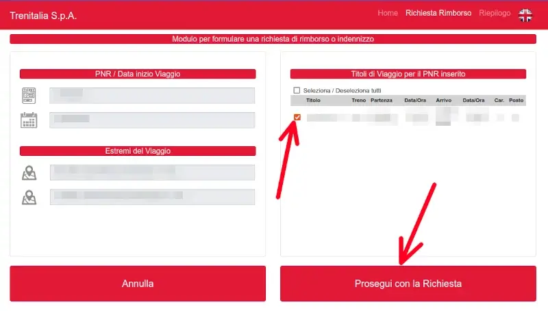 Selezionare il viaggio per cui richiedere il rimborso