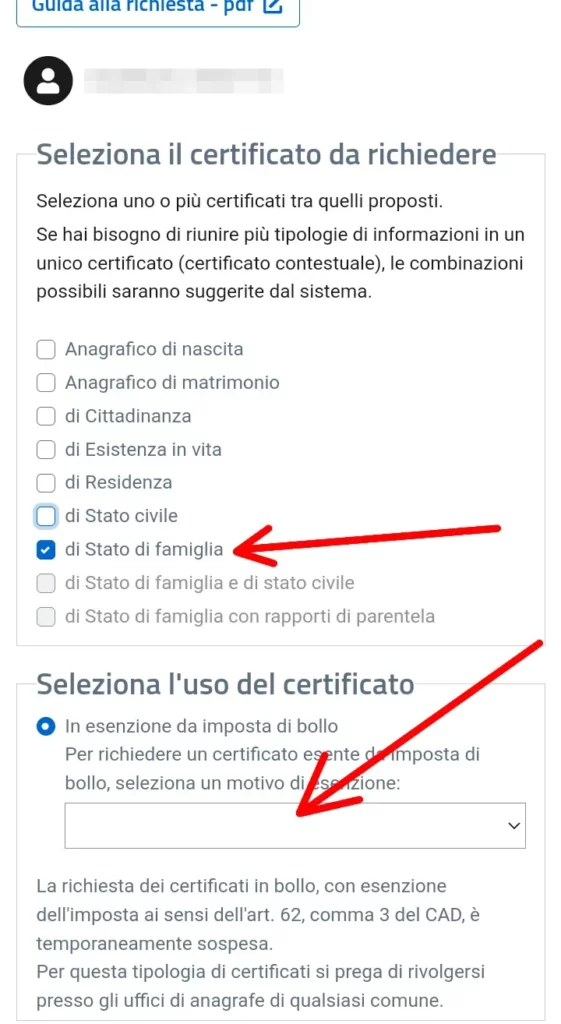 seleziona di stato di famiglia per scaricare il certificato