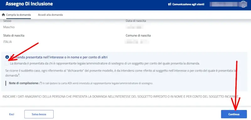 Seleziona se delegato a richiedere l'assegno per conto di altri