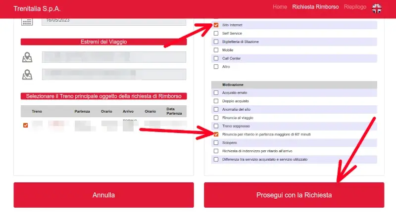 Prosegui con la richiesta a trenitalia