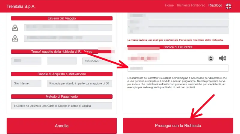 Inoltra la richiesta di rimborso a trenitalia