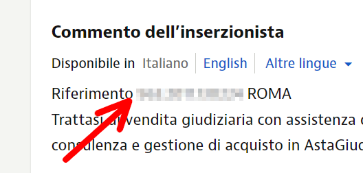 Trova il numero di riferimento dell'asta nell'annuncio dell'immobile.