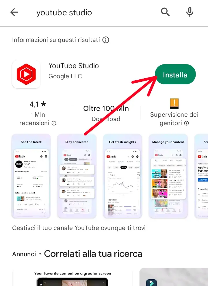 Installa Youtube studio sul tuo telefono