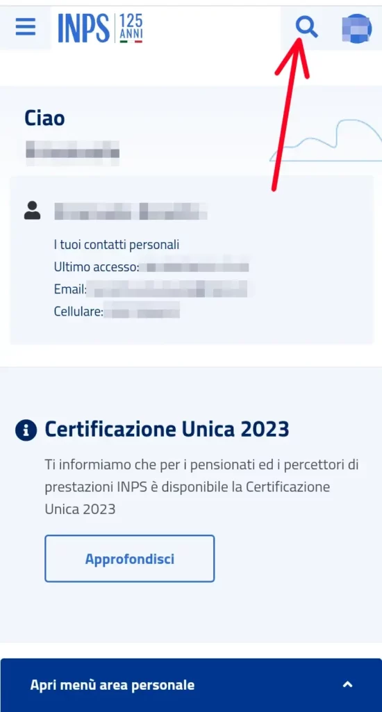 Dal telefono sul sito inps fai la ricerca per il servizio contributi