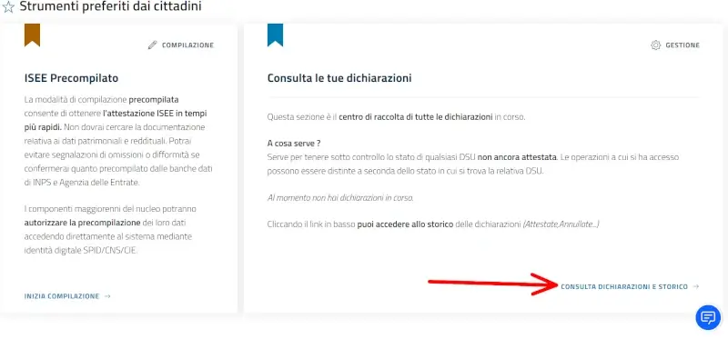 consulta dichiarazioni e storico per vedere l'isee da modificare