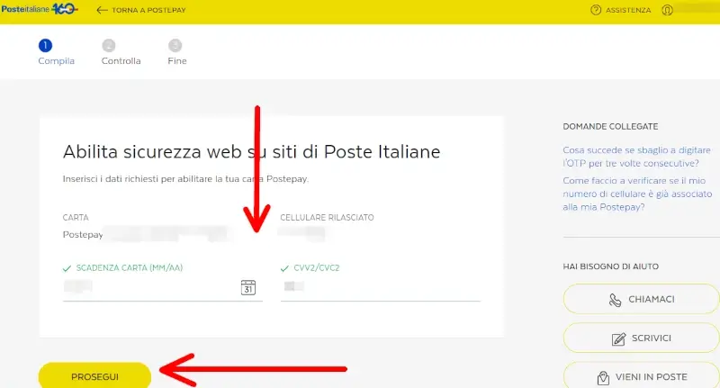 Inserisci la scadenza e il codice di verifica della nuova postepay