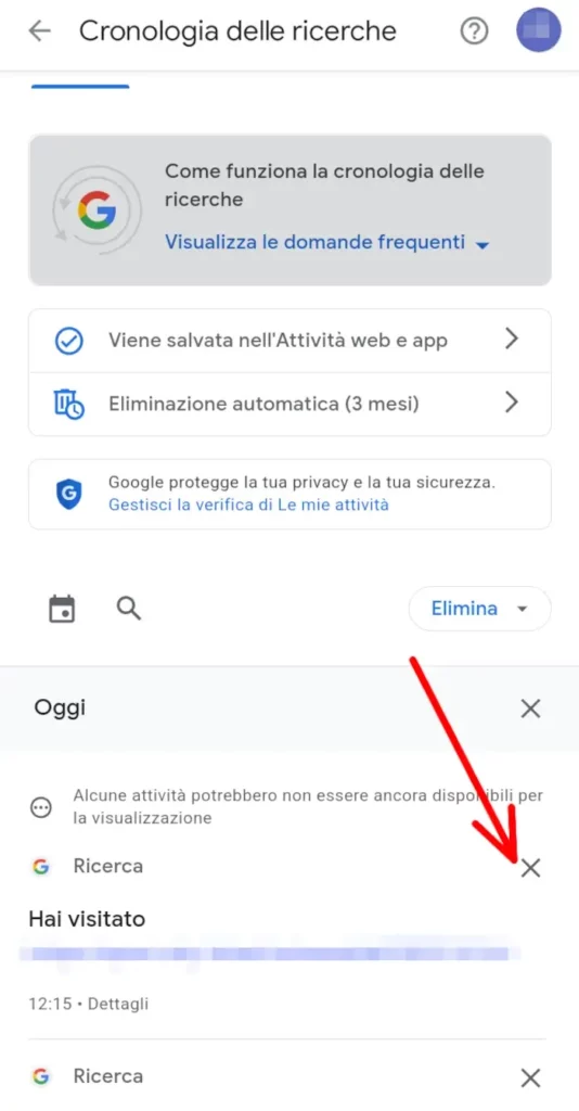 Clicca sulla x per cancellare la singola attività dell'account