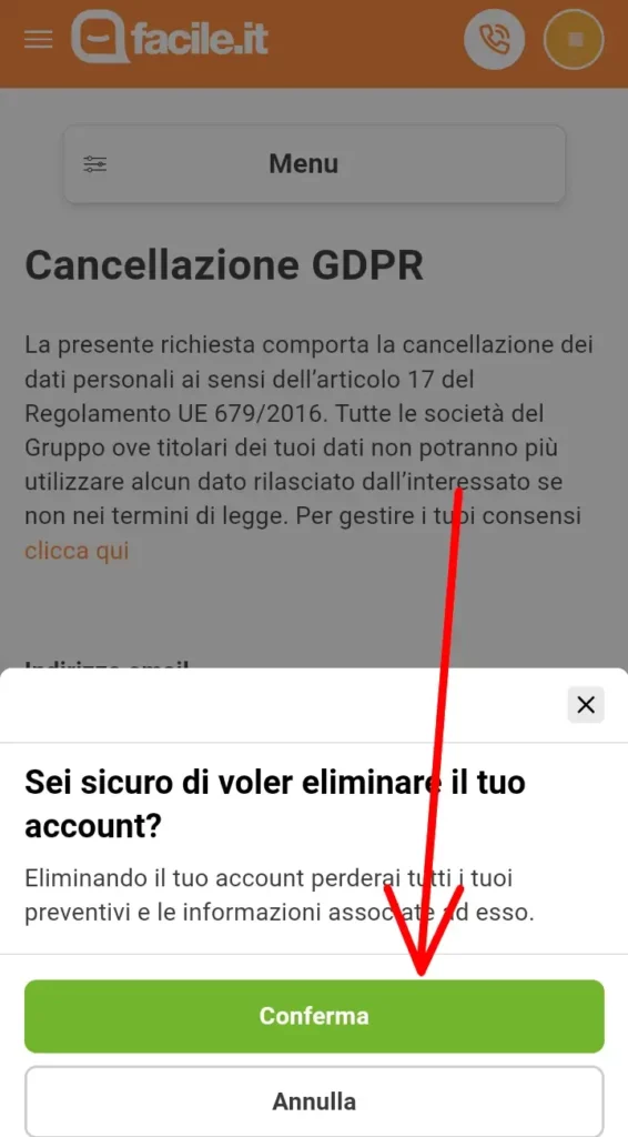 Conferma per cancellarsi