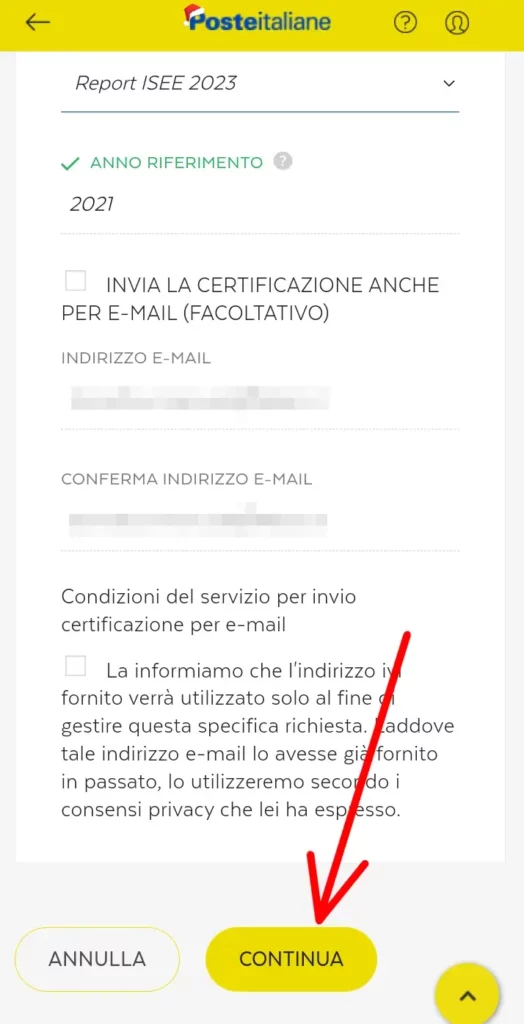 Clicca su continua per terminare la richiesta della certificazione