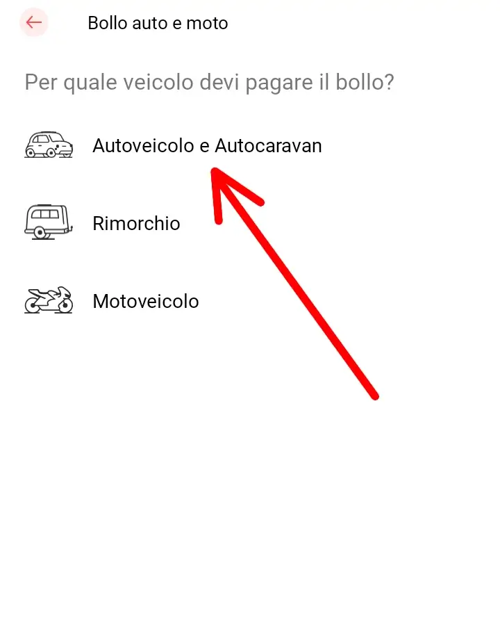 Selezionare il tipo di veicolo per cui pagare il bollo con satispay