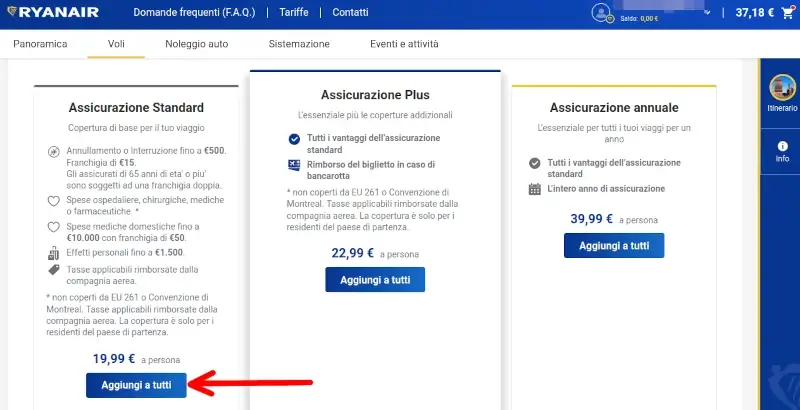 Possiamo aggiungere un assicurazione di viaggio per il nostro biglietto