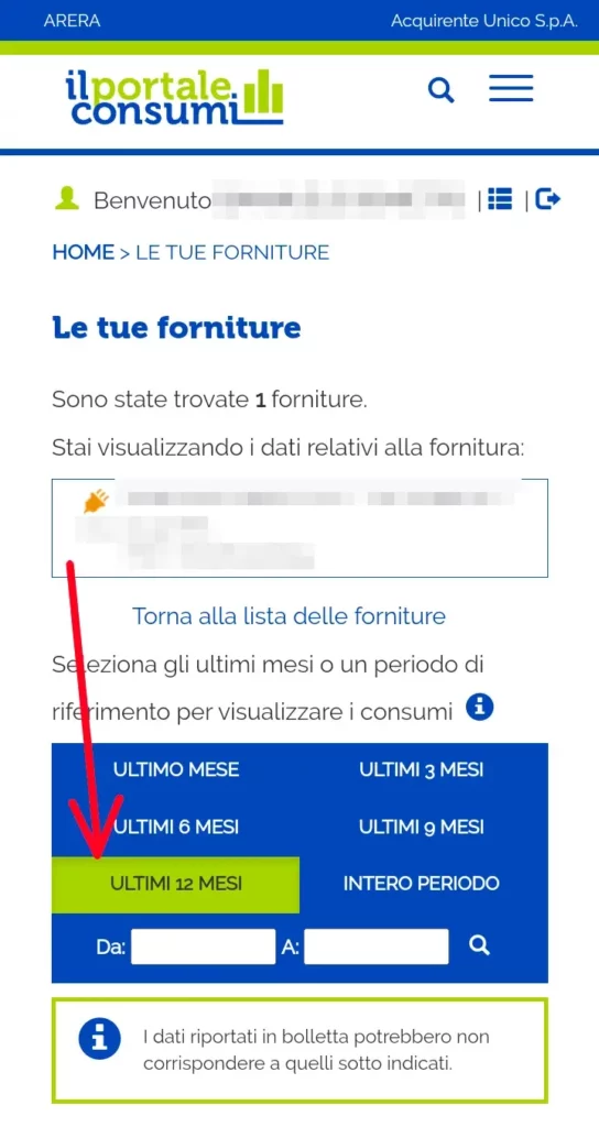 Seleziona l'arco temporale dei dati sul reale consumo