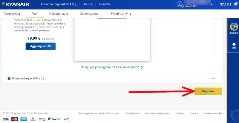 Clicchiamo su continuare per continuare a comprare il biglietto Ryanair