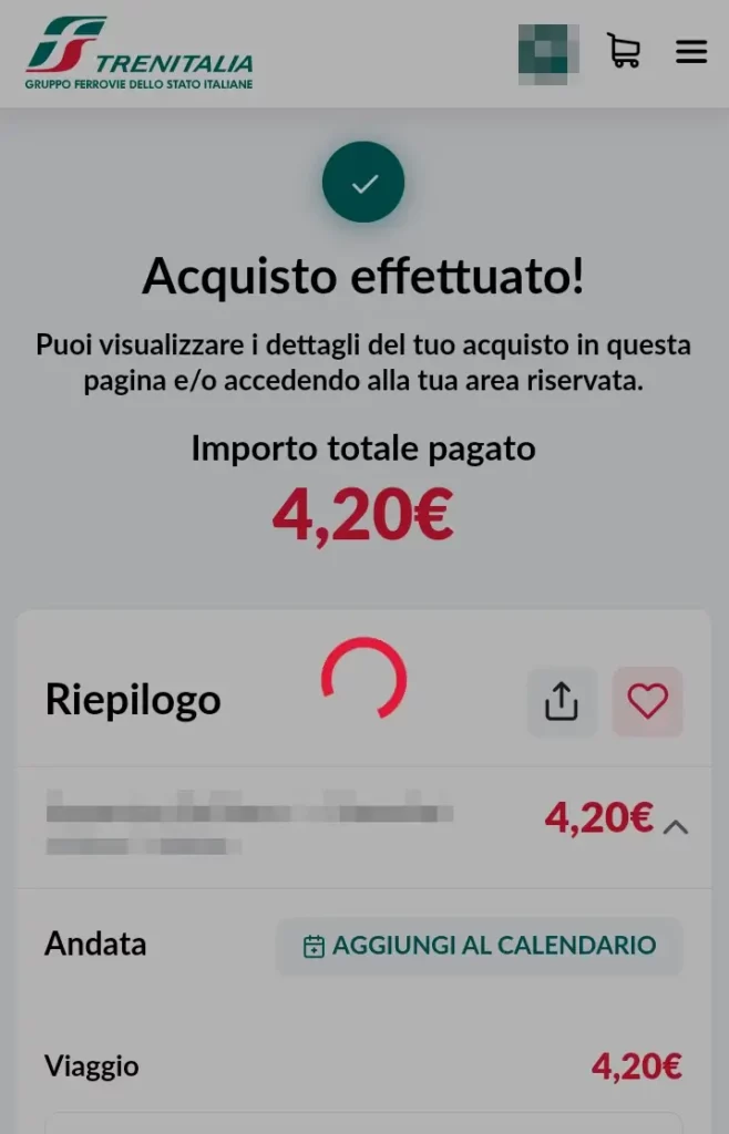 Conferma acquisto biglietto online del treno trenitalia