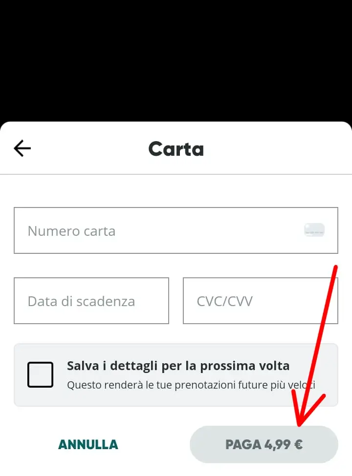 Inserire i dati richiesti per il metodo di pagamento scelto.