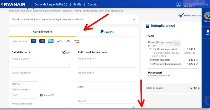 Selezionare il metodo di pagamento per comprare il biglietto Ryanair online