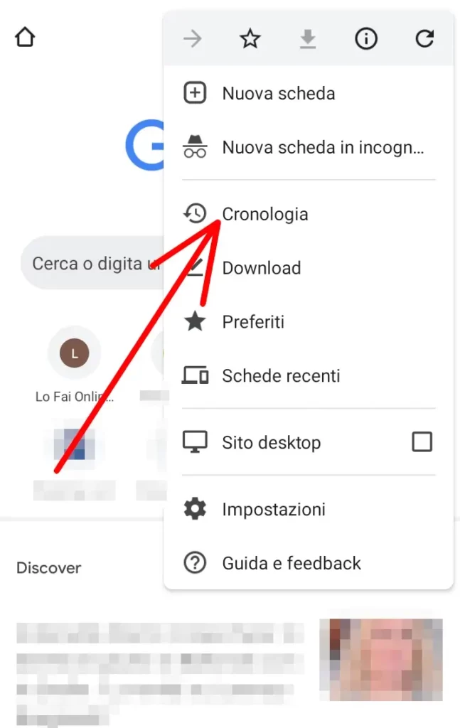 Apri la cronologia di Chrome cliccando su cronologia dal menù