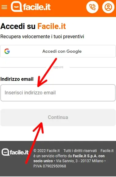 Inserire la mail a cui riceviamo i preventivi di facile.it